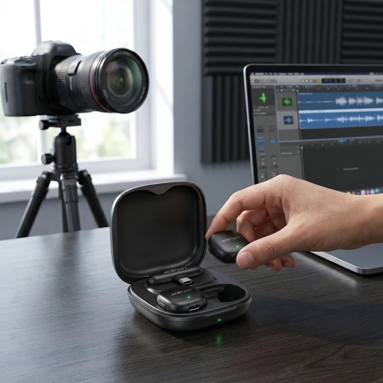 ست میکروفن یقهای بیسیم ایس فست مدل R1 با درگاه USB Type-C، 2 میکروفن و قابلیت کاهش نویز