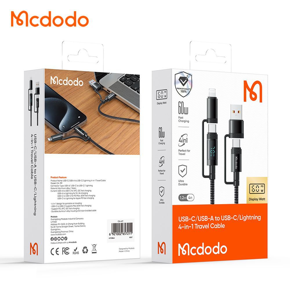 کابل شارژ و انتقال داده 4 کاره مک دودو مدل Mcdodo CA-199 طول 1.2 متر توان 60 وات