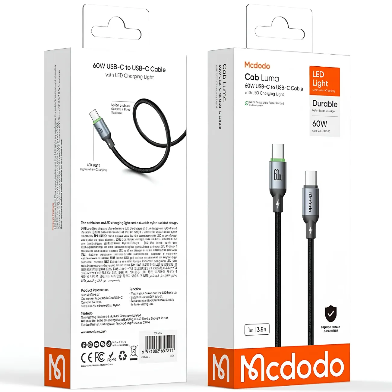 کابل شارژ و انتقال داده مک دودو مدل CA-687 USB-C به USB-C توان 60 وات