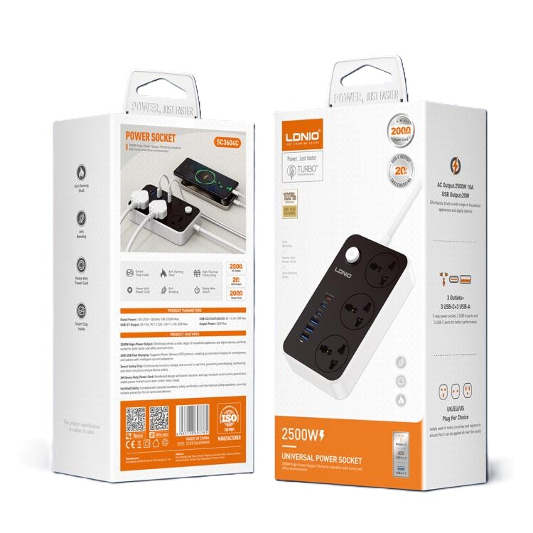 چندراهی برق الدینیو LDNIO مدل SC3604C با ۳ پریز و ۶ پورت USB