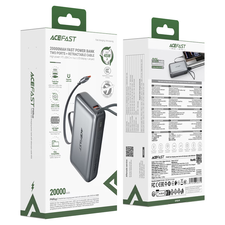 پاوربانک ۲۰۰۰۰ میلیآمپرساعت ایس فست مدل M34 با شارژ سریع ۴۵ وات و کابل USB-C جمعشونده